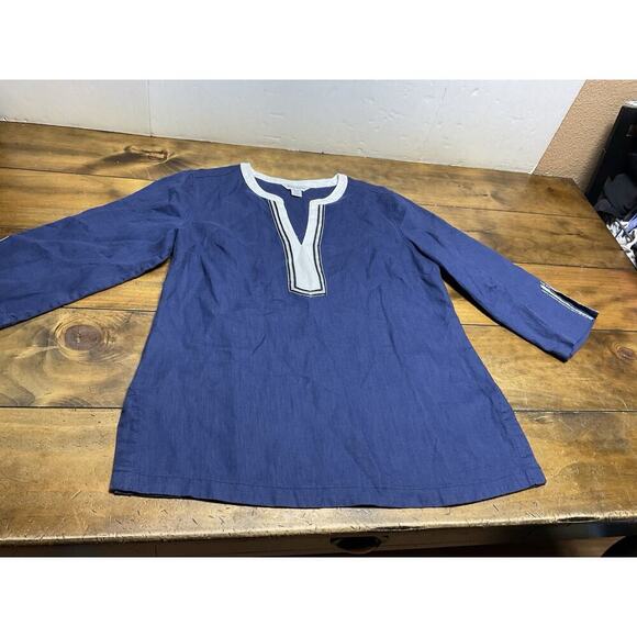 Tommy Bahama Women’s Blue Tunic Blouse Adorned With Silver Threading Sz M Linen - Picture 7 of 12